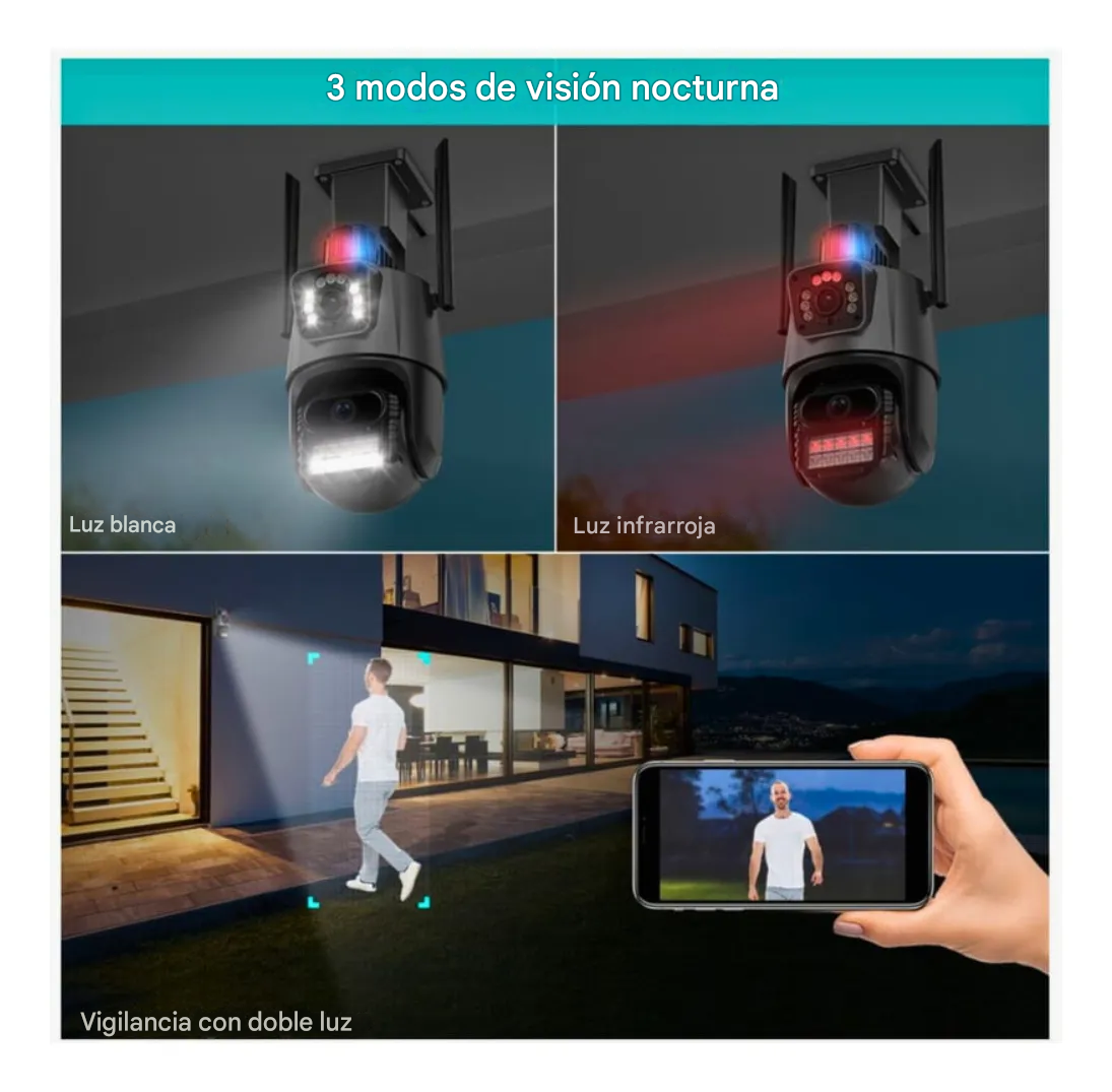 Cámara de doble lente con Sirena | Visión Nocturna y Detección Humana
