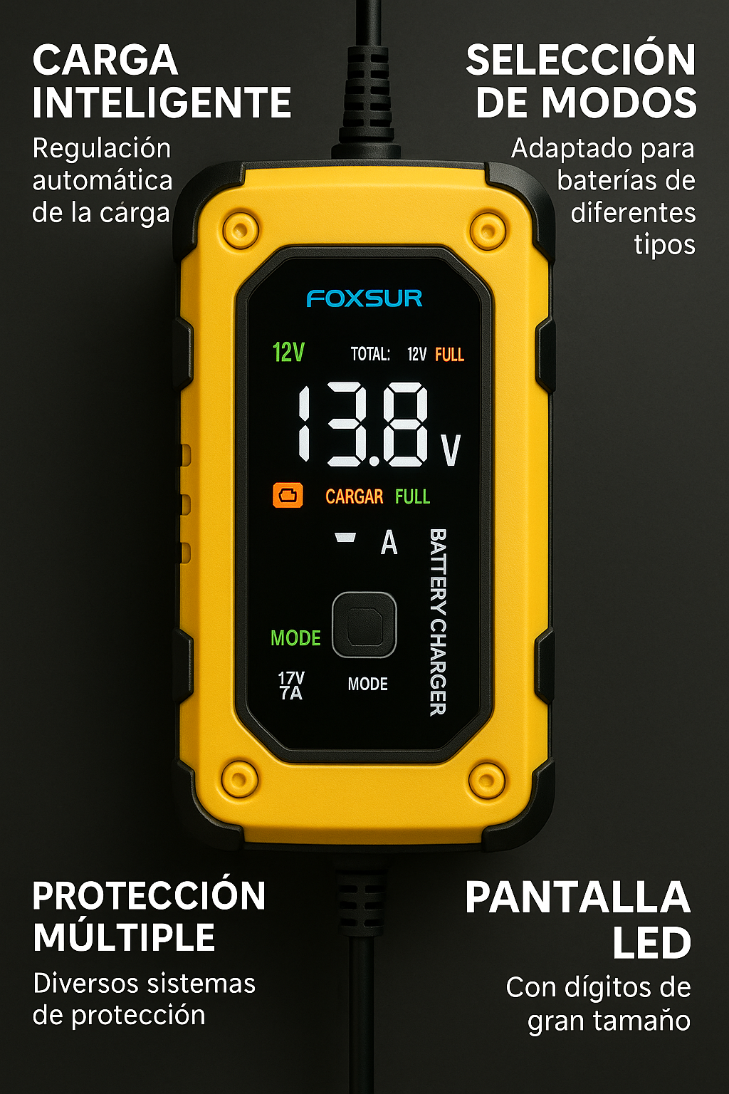 Cargador de Batería Inteligente Foxsur 12V 7A
